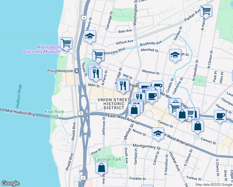 map of restaurants, bars, coffee shops, grocery stores, and more near 15 South Bridge Street in Poughkeepsie