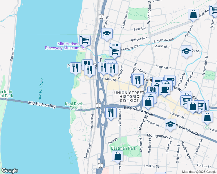 map of restaurants, bars, coffee shops, grocery stores, and more near 23 South Clover Street in Poughkeepsie