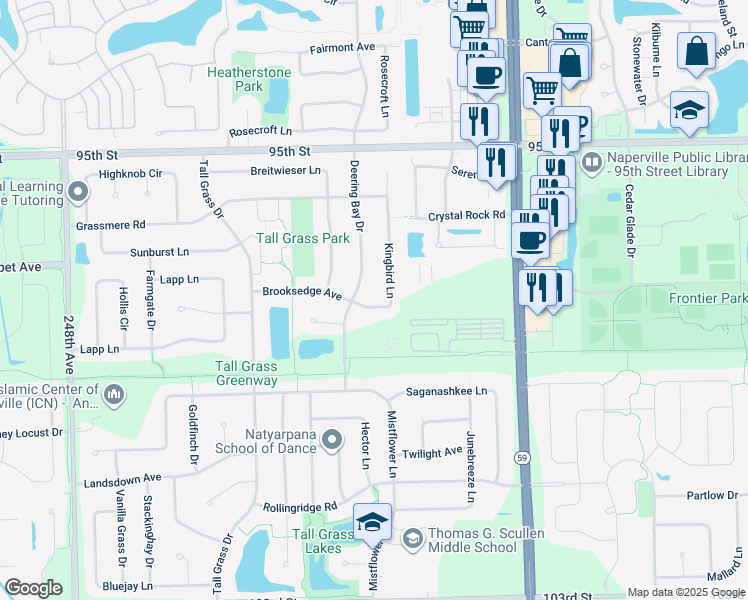 map of restaurants, bars, coffee shops, grocery stores, and more near 3180 Kingbird Lane in Naperville