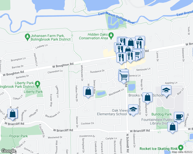 map of restaurants, bars, coffee shops, grocery stores, and more near 270 Seneca Way in Bolingbrook