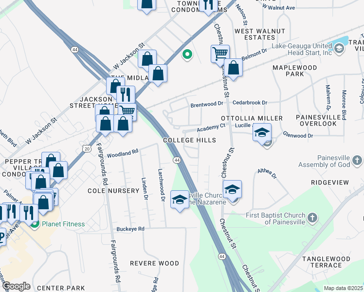 map of restaurants, bars, coffee shops, grocery stores, and more near 290 Ivy Lane in Painesville