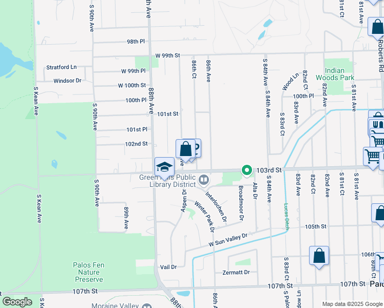 map of restaurants, bars, coffee shops, grocery stores, and more near 10241 South 87th Avenue in Palos Hills
