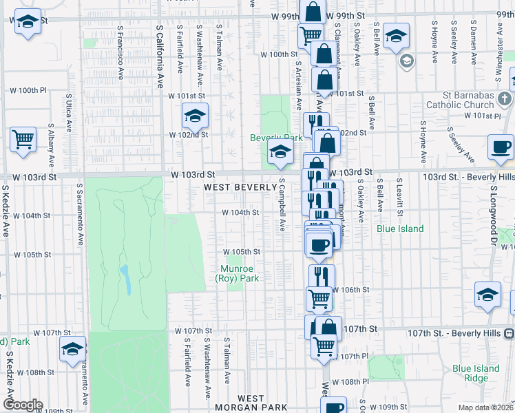 map of restaurants, bars, coffee shops, grocery stores, and more near 10400 South Maplewood Avenue in Chicago