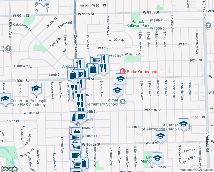map of restaurants, bars, coffee shops, grocery stores, and more near 10329 South Kenton Avenue in Oak Lawn