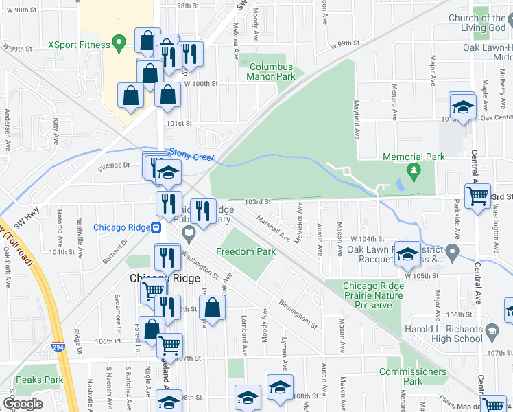 map of restaurants, bars, coffee shops, grocery stores, and more near 6135 West 103rd Street in Chicago Ridge