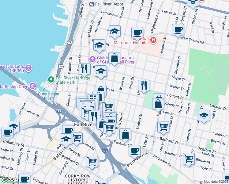 map of restaurants, bars, coffee shops, grocery stores, and more near in Fall River