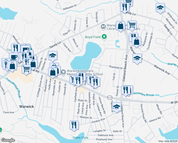 map of restaurants, bars, coffee shops, grocery stores, and more near 140 Glen Drive in Warwick
