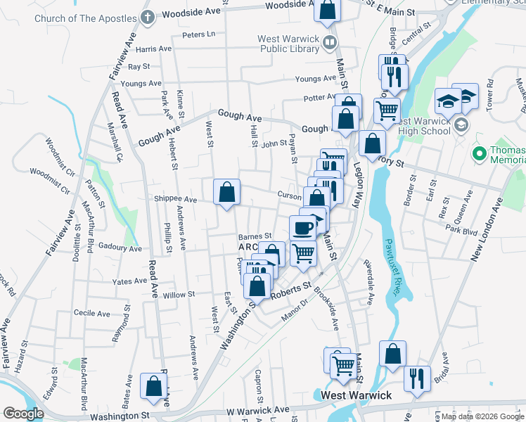 map of restaurants, bars, coffee shops, grocery stores, and more near in West Warwick