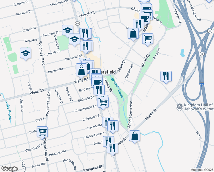 map of restaurants, bars, coffee shops, grocery stores, and more near 40 Spring Street in Wethersfield