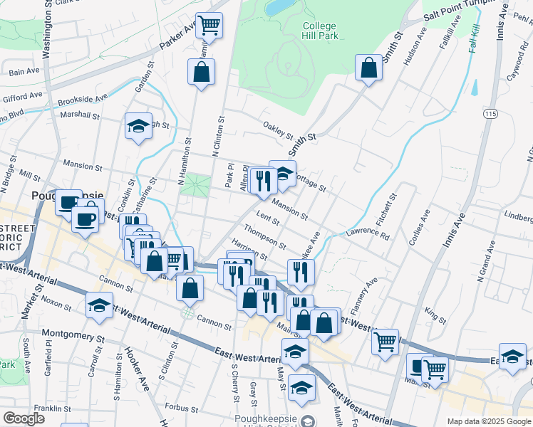 map of restaurants, bars, coffee shops, grocery stores, and more near 18 Lent Street in Poughkeepsie