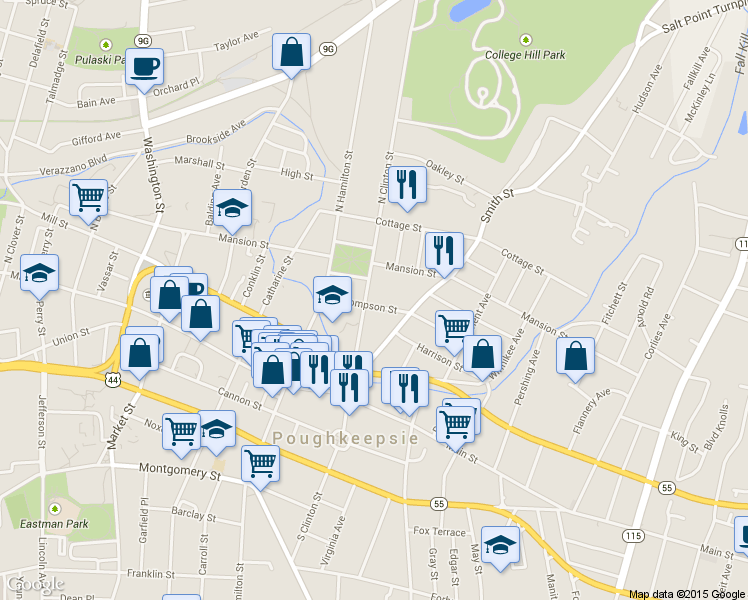map of restaurants, bars, coffee shops, grocery stores, and more near 39 North Clinton Street in Poughkeepsie