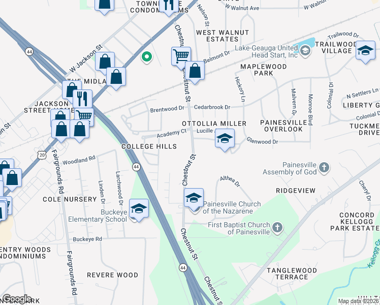 map of restaurants, bars, coffee shops, grocery stores, and more near 384 Chestnut Street in Painesville