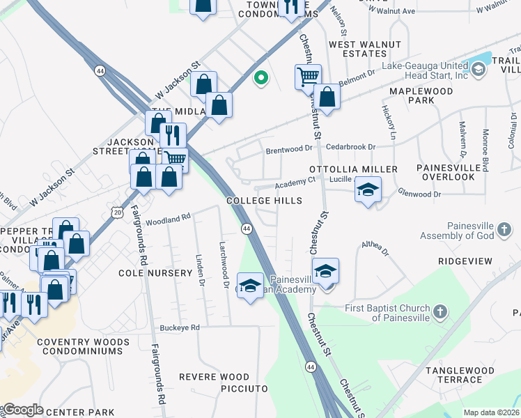map of restaurants, bars, coffee shops, grocery stores, and more near 296 Ivy Lane in Painesville