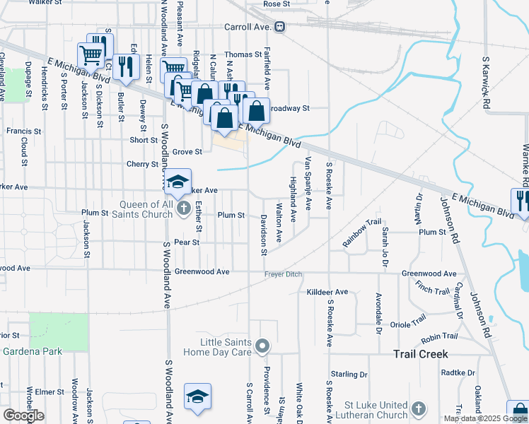 map of restaurants, bars, coffee shops, grocery stores, and more near 521 Walton Avenue in Michigan City