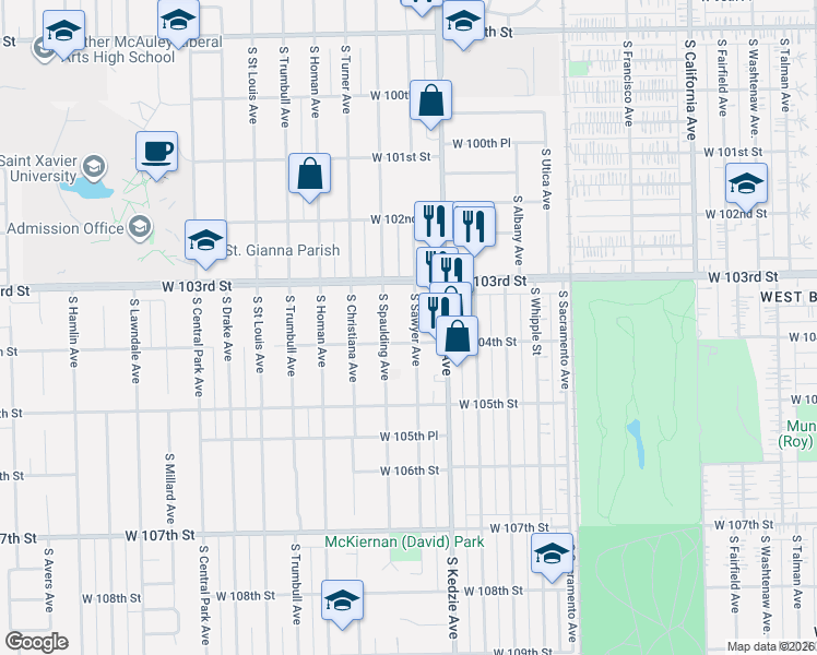 map of restaurants, bars, coffee shops, grocery stores, and more near 10353 South Spaulding Avenue in Chicago