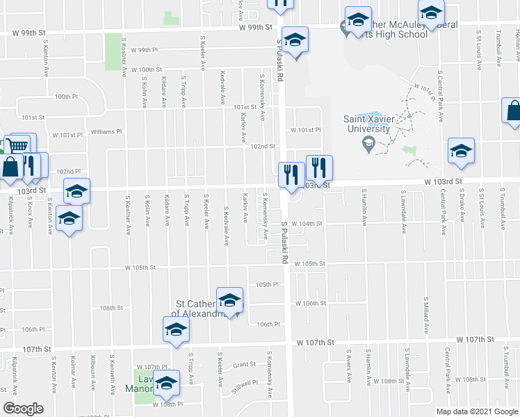 map of restaurants, bars, coffee shops, grocery stores, and more near 10333 Karlov Avenue in Oak Lawn
