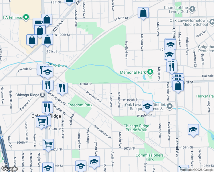 map of restaurants, bars, coffee shops, grocery stores, and more near 10311 Austin Avenue in Oak Lawn