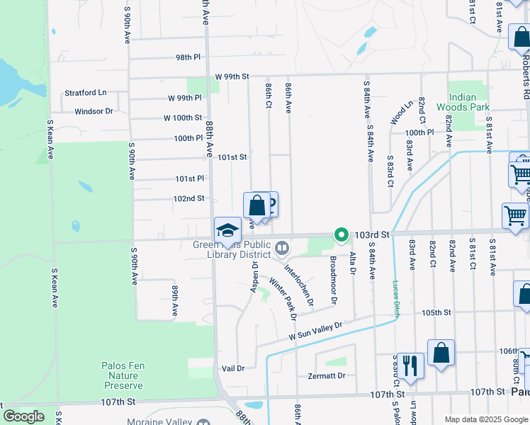 map of restaurants, bars, coffee shops, grocery stores, and more near 10241 South 87th Avenue in Palos Hills