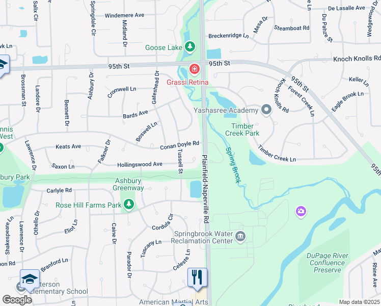 map of restaurants, bars, coffee shops, grocery stores, and more near 3316 Tussell Street in Naperville