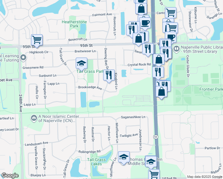 map of restaurants, bars, coffee shops, grocery stores, and more near 3180 Kingbird Lane in Naperville