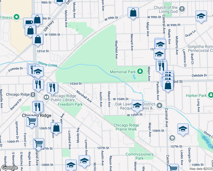 map of restaurants, bars, coffee shops, grocery stores, and more near 5921 West 103rd Street in Oak Lawn