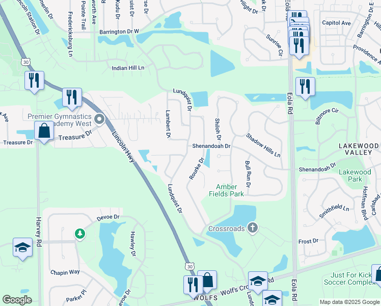 map of restaurants, bars, coffee shops, grocery stores, and more near 2612 Lundquist Drive in Aurora