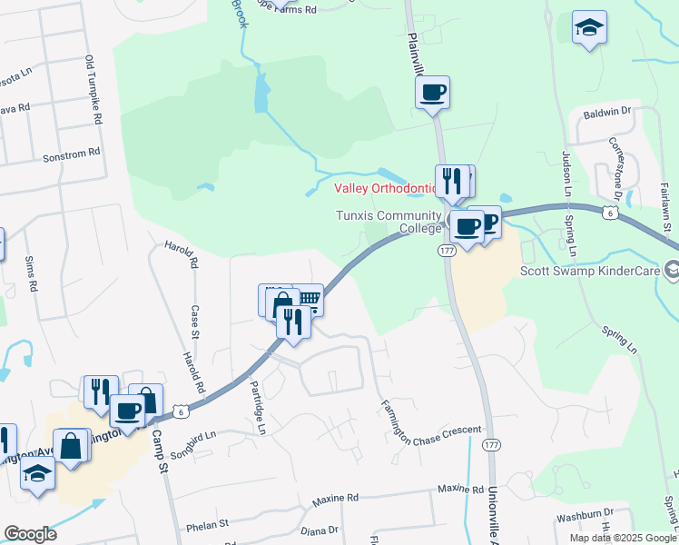map of restaurants, bars, coffee shops, grocery stores, and more near 314 Scott Swamp Road in Farmington