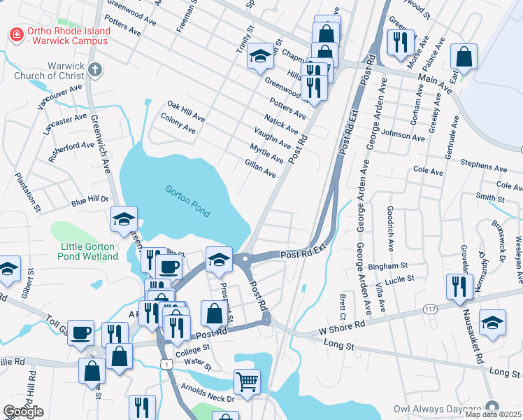 map of restaurants, bars, coffee shops, grocery stores, and more near 2945 Post Road in Warwick