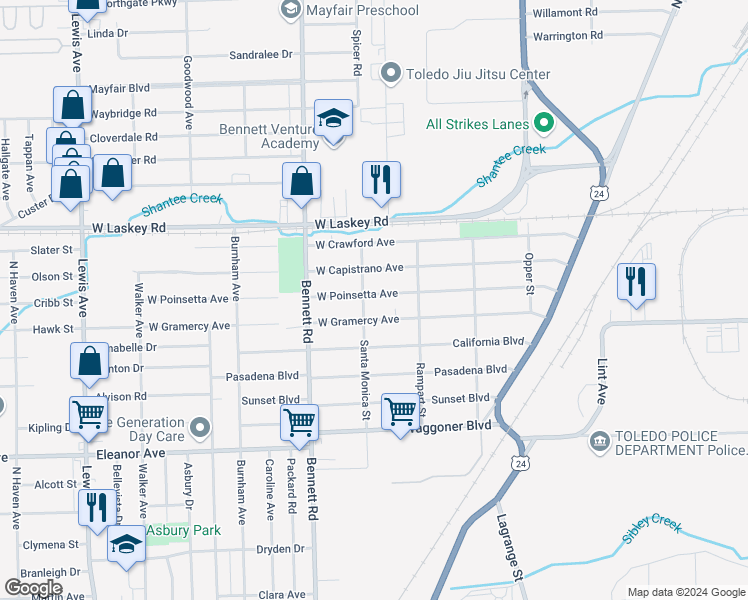 map of restaurants, bars, coffee shops, grocery stores, and more near 327 West Poinsetta Avenue in Toledo