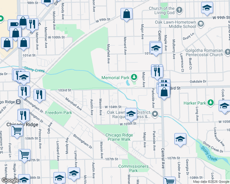 map of restaurants, bars, coffee shops, grocery stores, and more near 10311 Mayfield Avenue in Oak Lawn