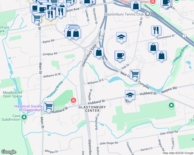 map of restaurants, bars, coffee shops, grocery stores, and more near 227 Williams Street East in Glastonbury