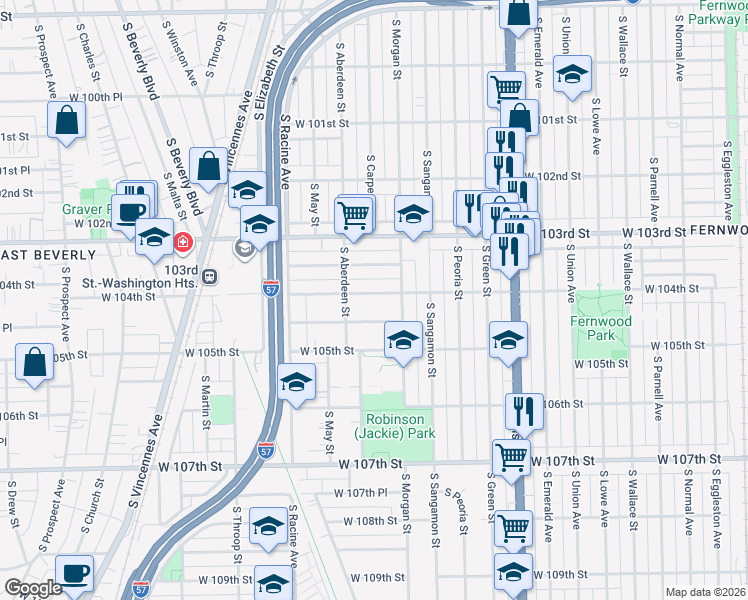 map of restaurants, bars, coffee shops, grocery stores, and more near 1027 West 104th Street in Chicago