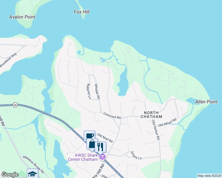 map of restaurants, bars, coffee shops, grocery stores, and more near 174 Kendrick Road in Chatham