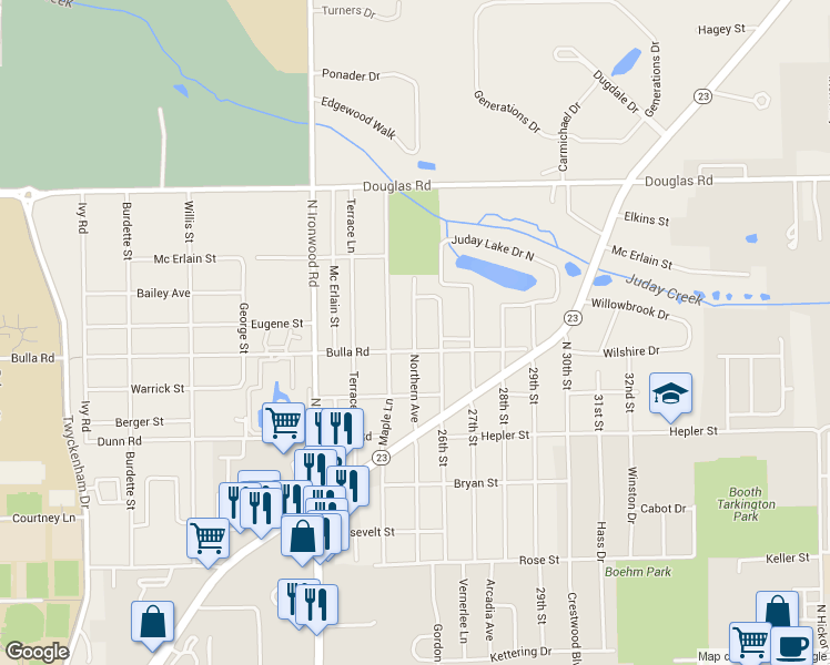 map of restaurants, bars, coffee shops, grocery stores, and more near 54248 Northern Avenue in South Bend