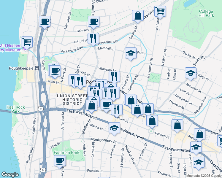 map of restaurants, bars, coffee shops, grocery stores, and more near 41 Civic Center Plaza in Poughkeepsie