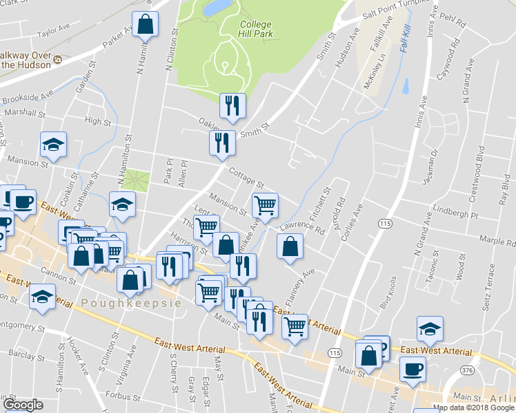 map of restaurants, bars, coffee shops, grocery stores, and more near 195 Winnikee Avenue in Poughkeepsie