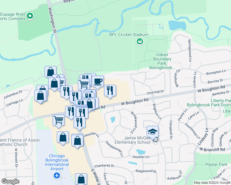map of restaurants, bars, coffee shops, grocery stores, and more near 1138 West Boughton Road in Bolingbrook