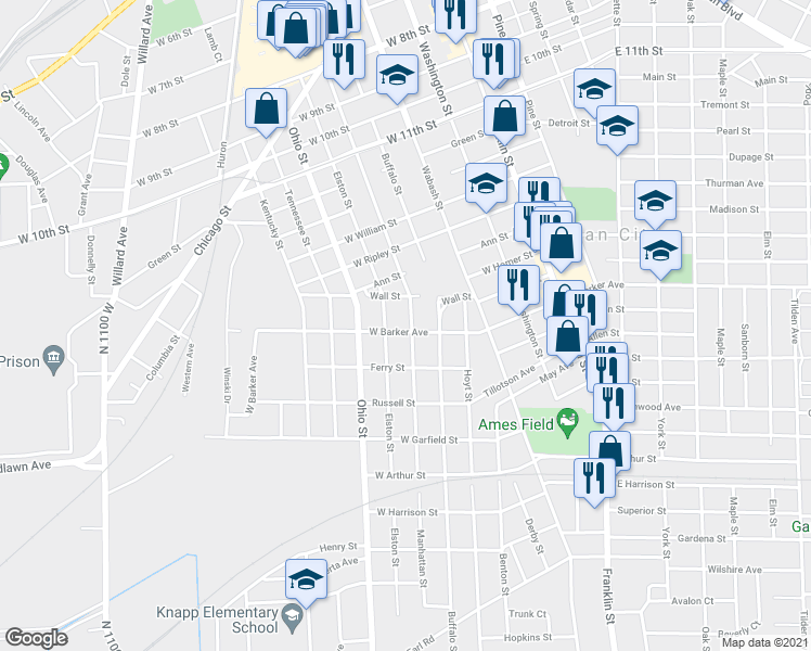 map of restaurants, bars, coffee shops, grocery stores, and more near 1721 Manhattan Street in Michigan City
