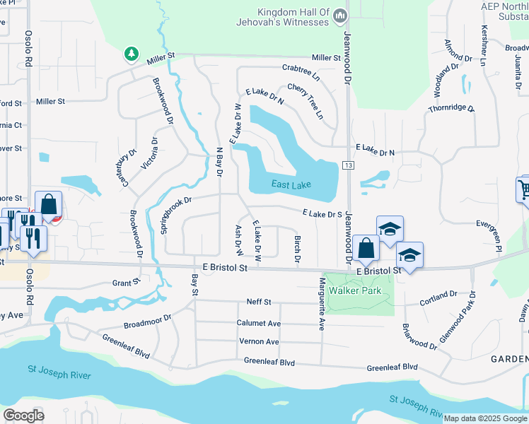 map of restaurants, bars, coffee shops, grocery stores, and more near 3006 Birch Drive in Elkhart