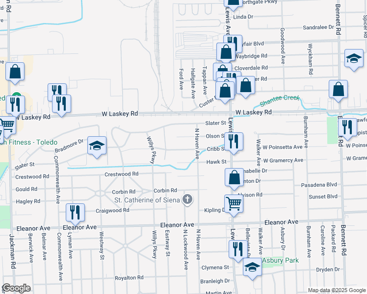 map of restaurants, bars, coffee shops, grocery stores, and more near 1202 Cribb Street in Toledo