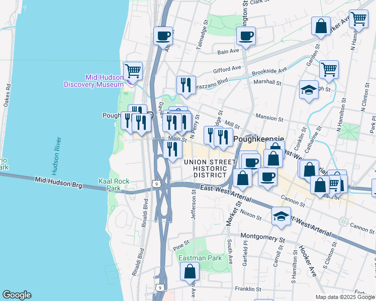map of restaurants, bars, coffee shops, grocery stores, and more near 6 South Perry Street in Poughkeepsie