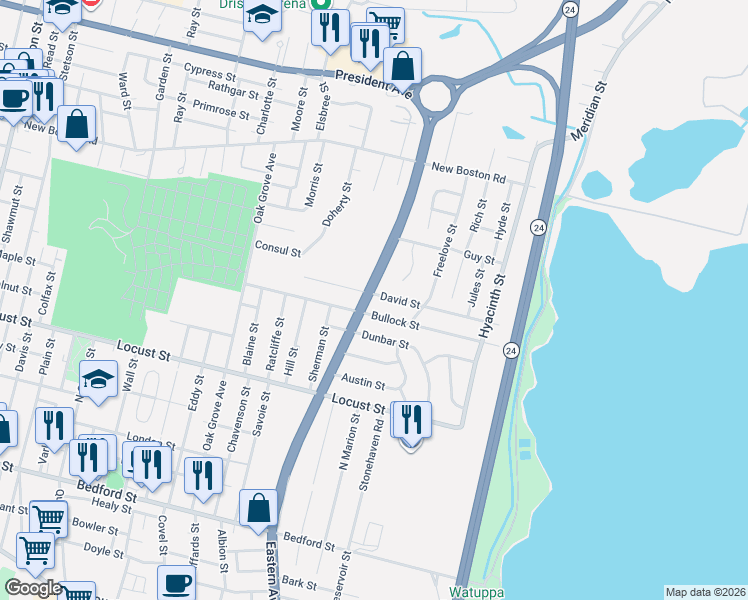 map of restaurants, bars, coffee shops, grocery stores, and more near 575 North Eastern Avenue in Fall River