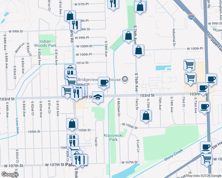 map of restaurants, bars, coffee shops, grocery stores, and more near 9600 South 78th Avenue in Palos Hills
