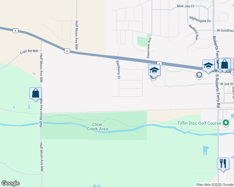map of restaurants, bars, coffee shops, grocery stores, and more near 3196 Half Moon Avenue Northwest in Tiffin