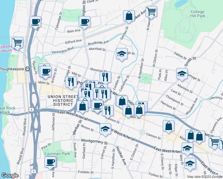 map of restaurants, bars, coffee shops, grocery stores, and more near 302 Mill Street in Poughkeepsie