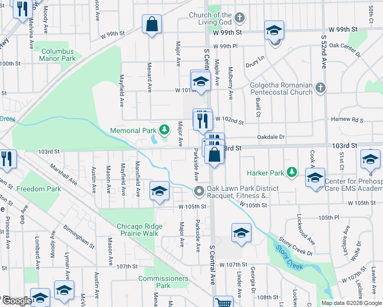 map of restaurants, bars, coffee shops, grocery stores, and more near 10300 Parkside Avenue in Oak Lawn