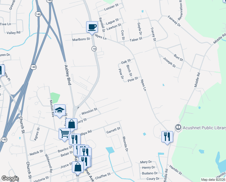 map of restaurants, bars, coffee shops, grocery stores, and more near 20 Rounseville Street in New Bedford
