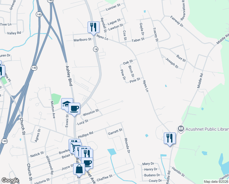 map of restaurants, bars, coffee shops, grocery stores, and more near 20 Rounseville Street in New Bedford