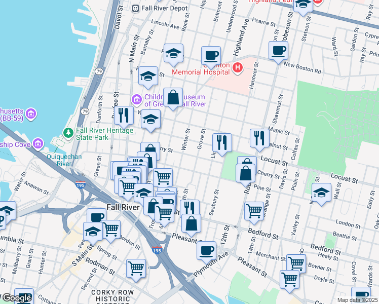 map of restaurants, bars, coffee shops, grocery stores, and more near 521 Cherry Street in Fall River