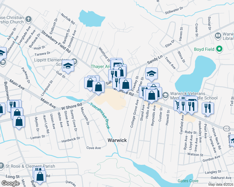 map of restaurants, bars, coffee shops, grocery stores, and more near 2596 West Shore Road in Warwick